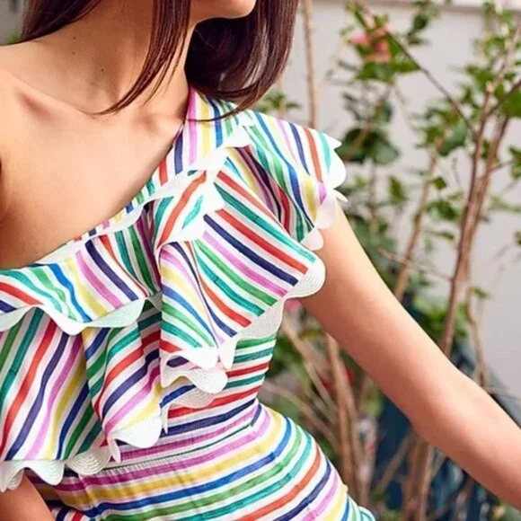 CeliaB Rainbow Striped One Shoulder Ruffle Midi Dress Medium - Picture 2 of 10